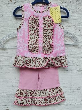 Ann Loren Girls' Pink Top Leggings with Leopard Ruffle-Trim 12-18 Mon